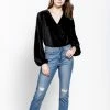 Sydney So Sweet Black Velvet Ribbed Wrap Front Women's Blouse Bodysuit Christmas