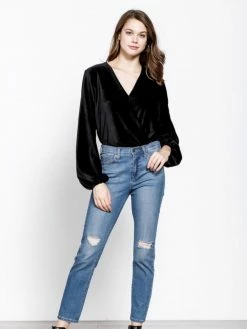 Sydney So Sweet Black Velvet Ribbed Wrap Front Women's Blouse Bodysuit Christmas