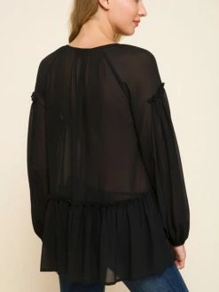 Sydney So Sweet Black Woven Tie Front Long Sleeve Women's Top