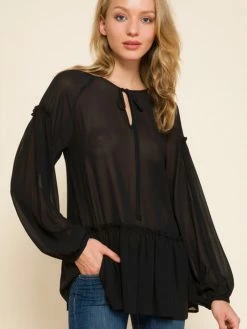 Sydney So Sweet Black Woven Tie Front Long Sleeve Women's Top