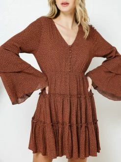 Sydney So Sweet Camel Polka Dot Button Up Tiered Bell Sleeve Women's Dress