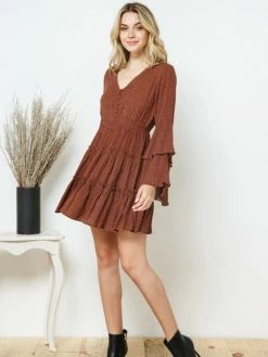 Sydney So Sweet Camel Polka Dot Button Up Tiered Bell Sleeve Women's Dress