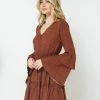Sydney So Sweet Camel Polka Dot Button Up Tiered Bell Sleeve Women's Dress