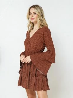 Sydney So Sweet Camel Polka Dot Button Up Tiered Bell Sleeve Women's Dress