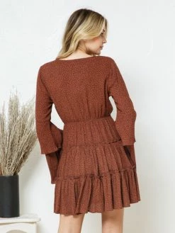 Sydney So Sweet Camel Polka Dot Button Up Tiered Bell Sleeve Women's Dress