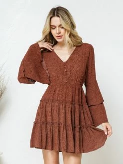 Sydney So Sweet Camel Polka Dot Button Up Tiered Bell Sleeve Women's Dress