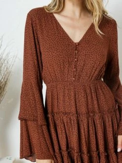 Sydney So Sweet Camel Polka Dot Button Up Tiered Bell Sleeve Women's Dress