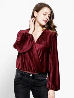 Sydney So Sweet Christmas Deep Wine Velvet Ribbed Wrap Front Women's Blouse Bodysuit 8 Sydney So Sweet Christmas Deep Wine Velvet Ribbed Wrap Front Women's Blouse Bodysuit