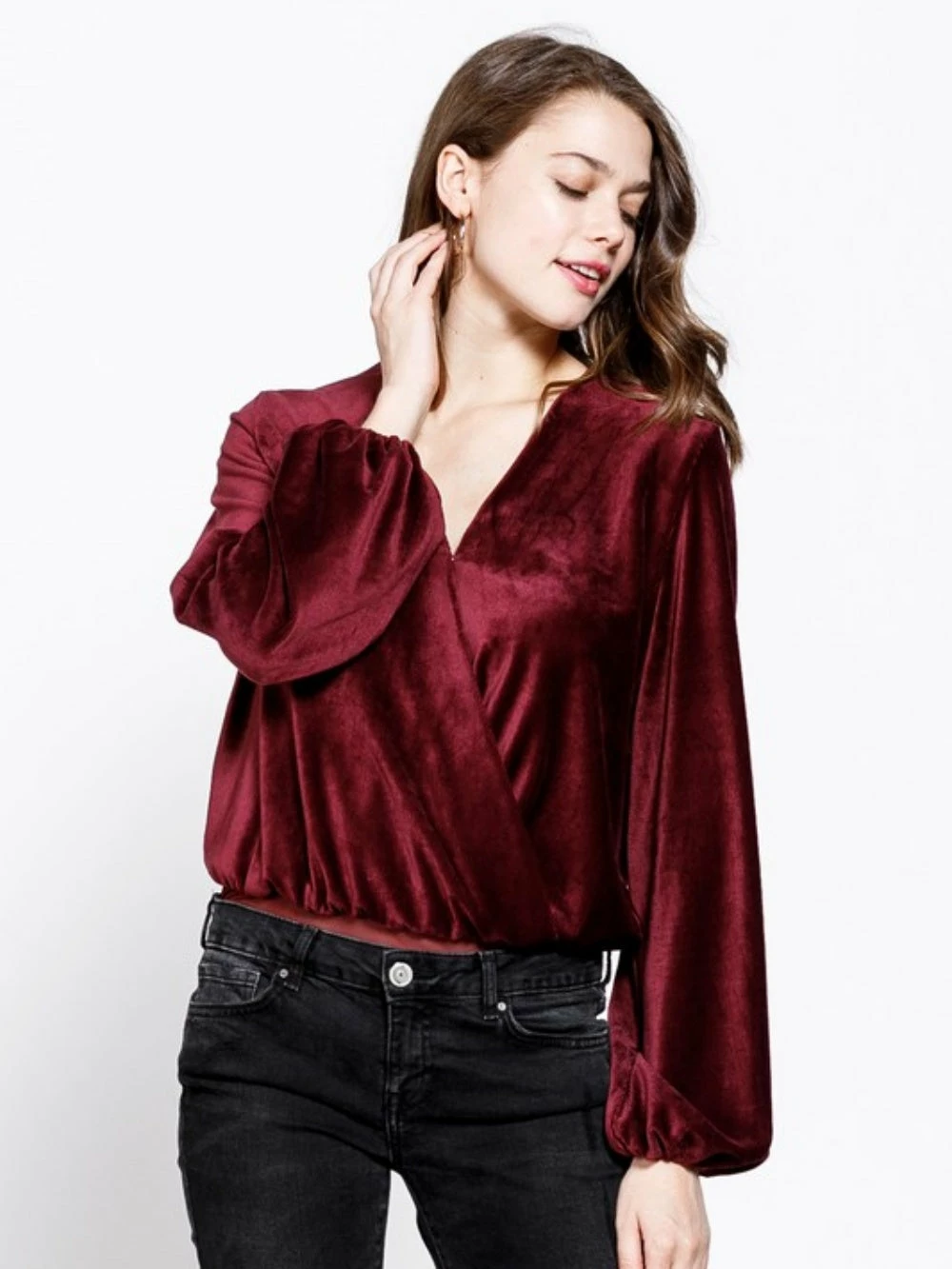 Sydney So Sweet Christmas Deep Wine Velvet Ribbed Wrap Front Women's Blouse Bodysuit 4 Sydney So Sweet Christmas Deep Wine Velvet Ribbed Wrap Front Women's Blouse Bodysuit