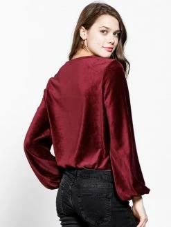 Sydney So Sweet Christmas Deep Wine Velvet Ribbed Wrap Front Women's Blouse Bodysuit 7 Sydney So Sweet Christmas Deep Wine Velvet Ribbed Wrap Front Women's Blouse Bodysuit