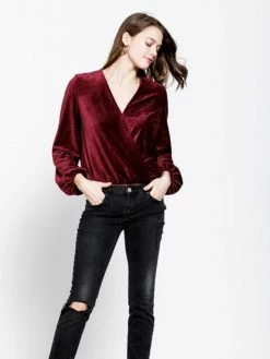 Sydney So Sweet Christmas Deep Wine Velvet Ribbed Wrap Front Women's Blouse Bodysuit 9 Sydney So Sweet Christmas Deep Wine Velvet Ribbed Wrap Front Women's Blouse Bodysuit