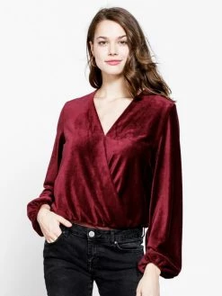 Sydney So Sweet Christmas Deep Wine Velvet Ribbed Wrap Front Women's Blouse Bodysuit