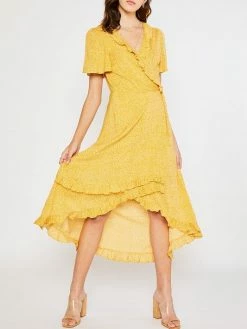 Sydney So Sweet Women's Ditsy Flower Ruffle Detail Wrap Dress Yellow Floral Favorites