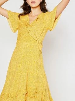 Sydney So Sweet Women's Ditsy Flower Ruffle Detail Wrap Dress Yellow Floral Favorites