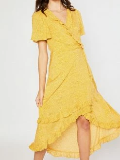 Sydney So Sweet Women's Ditsy Flower Ruffle Detail Wrap Dress Yellow Floral Favorites