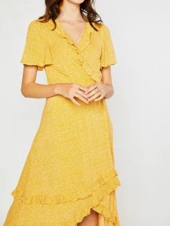 Sydney So Sweet Women's Ditsy Flower Ruffle Detail Wrap Dress Yellow Floral Favorites