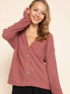 Sydney So Sweet Marsala Button Up Brushed Waffle Knit Women's Cardigan On Wednesday, We Wear Pink