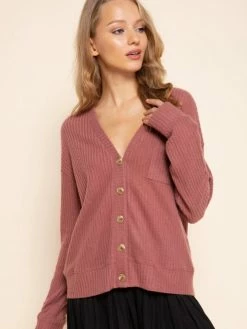 Sydney So Sweet Marsala Button Up Brushed Waffle Knit Women's Cardigan On Wednesday, We Wear Pink