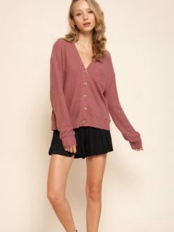 Sydney So Sweet Marsala Button Up Brushed Waffle Knit Women's Cardigan On Wednesday, We Wear Pink