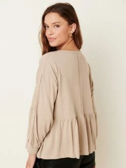Sydney So Sweet Oatmeal Linen Blend Raw Edge Women's Babydoll Top Women's Clothing
