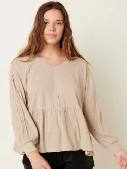 Sydney So Sweet Oatmeal Linen Blend Raw Edge Women's Babydoll Top Women's Clothing
