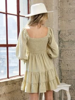 Sydney So Sweet Olive Taupe Gingham 3/4 Sleeve Smocked Tiered Women's Dress Women's Clothing