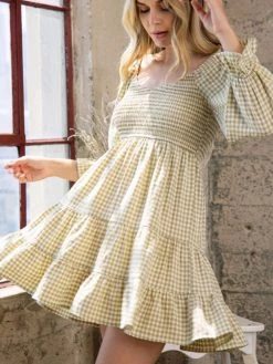 Sydney So Sweet Olive Taupe Gingham 3/4 Sleeve Smocked Tiered Women's Dress Women's Clothing