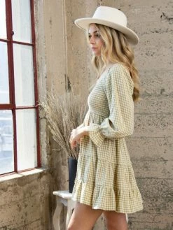 Sydney So Sweet Olive Taupe Gingham 3/4 Sleeve Smocked Tiered Women's Dress Women's Clothing