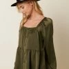 Sydney So Sweet Olive Square Neck Detail Tier Satin Women's Blouse