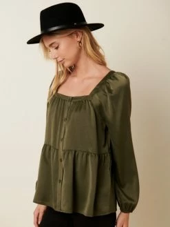 Sydney So Sweet Olive Square Neck Detail Tier Satin Women's Blouse