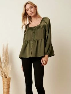 Sydney So Sweet Olive Square Neck Detail Tier Satin Women's Blouse