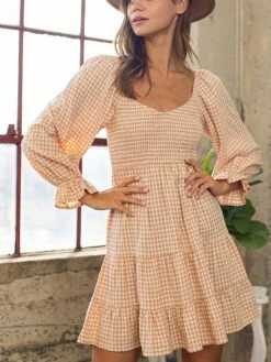 Sydney So Sweet Women's Clothing Orange Taupe Gingham 3/4 Sleeve Smocked Tiered Women's Dress 8 Sydney So Sweet Women's Clothing Orange Taupe Gingham 3/4 Sleeve Smocked Tiered Women's Dress