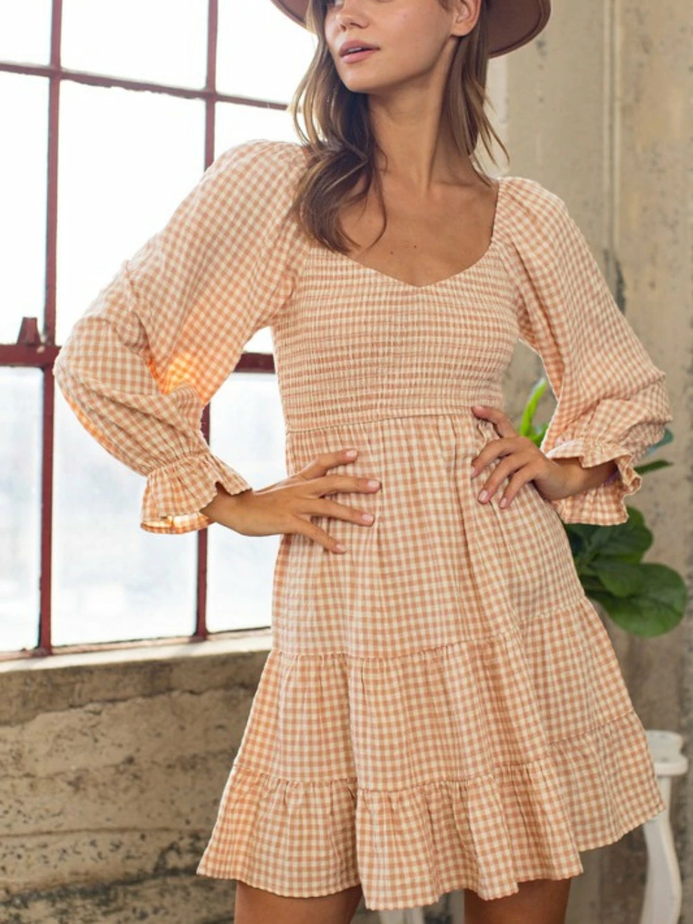 Sydney So Sweet Women's Clothing Orange Taupe Gingham 3/4 Sleeve Smocked Tiered Women's Dress 3 Sydney So Sweet Women's Clothing Orange Taupe Gingham 3/4 Sleeve Smocked Tiered Women's Dress