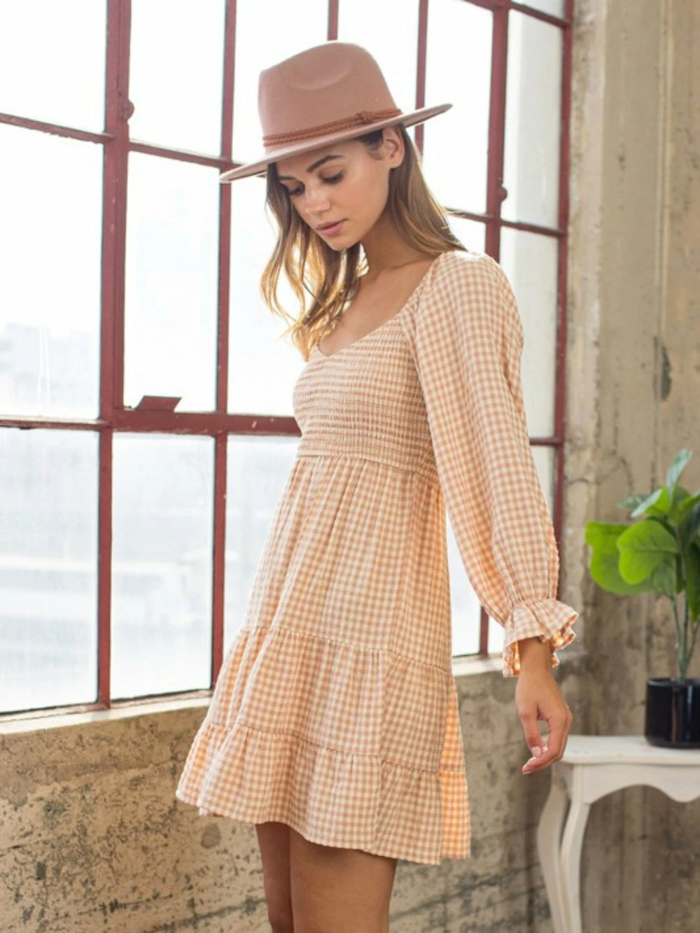Sydney So Sweet Women's Clothing Orange Taupe Gingham 3/4 Sleeve Smocked Tiered Women's Dress 4 Sydney So Sweet Women's Clothing Orange Taupe Gingham 3/4 Sleeve Smocked Tiered Women's Dress