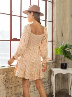 Sydney So Sweet Women's Clothing Orange Taupe Gingham 3/4 Sleeve Smocked Tiered Women's Dress 10 Sydney So Sweet Women's Clothing Orange Taupe Gingham 3/4 Sleeve Smocked Tiered Women's Dress