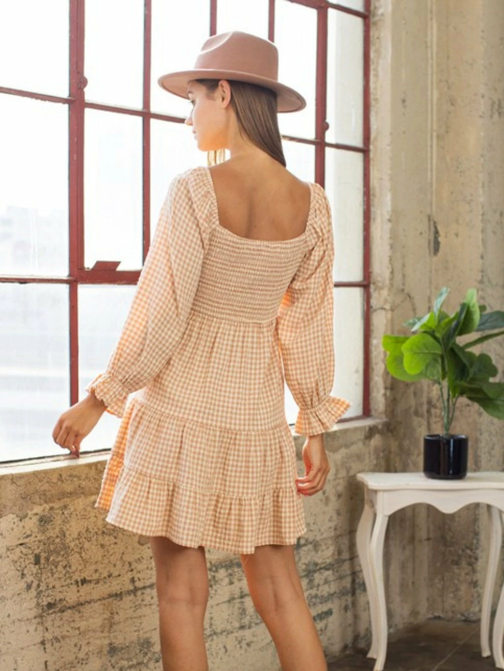 Sydney So Sweet Women's Clothing Orange Taupe Gingham 3/4 Sleeve Smocked Tiered Women's Dress 5 Sydney So Sweet Women's Clothing Orange Taupe Gingham 3/4 Sleeve Smocked Tiered Women's Dress