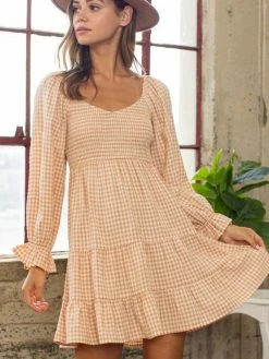Sydney So Sweet Women's Clothing Orange Taupe Gingham 3/4 Sleeve Smocked Tiered Women's Dress 11 Sydney So Sweet Women's Clothing Orange Taupe Gingham 3/4 Sleeve Smocked Tiered Women's Dress