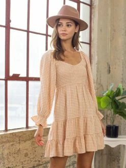 Sydney So Sweet Women's Clothing Orange Taupe Gingham 3/4 Sleeve Smocked Tiered Women's Dress