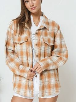 Sydney So Sweet Women's Plaid Collared Button Up Shacket Light Rust
