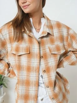Sydney So Sweet Women's Plaid Collared Button Up Shacket Light Rust