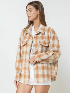 Sydney So Sweet Women's Plaid Collared Button Up Shacket Light Rust