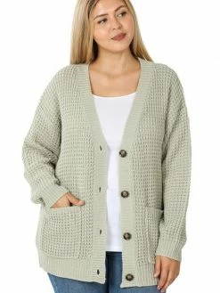Sydney So Sweet Light Sage Waffle Knit Pocket Women's Plus Size Cardigan Women's Clothing