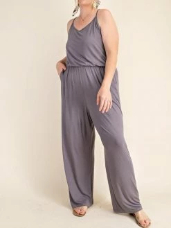Sydney So Sweet Women's Clothing Women's Plus Size Sleeveless Criss Cross Crepe Jumpsuit Charcoal Or Black
