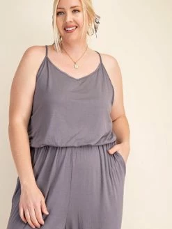 Sydney So Sweet Women's Clothing Women's Plus Size Sleeveless Criss Cross Crepe Jumpsuit Charcoal Or Black