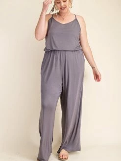 Sydney So Sweet Women's Clothing Women's Plus Size Sleeveless Criss Cross Crepe Jumpsuit Charcoal Or Black