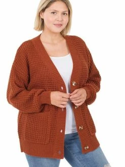 Sydney So Sweet Women's Plus Size Waffle Pocket Cardigan Dark Rust