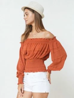 Sydney So Sweet Rust Orange Off The Shoulder Smocked High Waist Women's Blouse