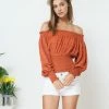 Sydney So Sweet Rust Orange Off The Shoulder Smocked High Waist Women's Blouse