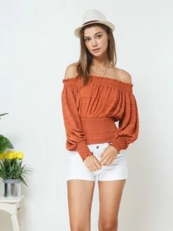 Sydney So Sweet Rust Orange Off The Shoulder Smocked High Waist Women's Blouse