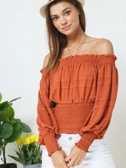 Sydney So Sweet Rust Orange Off The Shoulder Smocked High Waist Women's Blouse